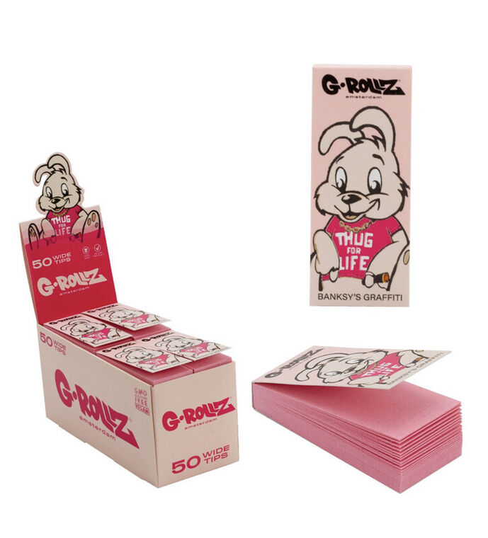G-ROLLZ | Banksy's Graffiti 'Thug for Life' PINK Tips de Filtro rosa Tips 2,5 X 6cm 50 Tips por Librillo 24 unidades /Display